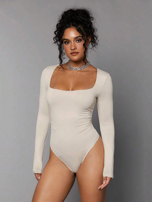 Ladies' Solid Color Slim Fit Bodysuit With Square Neckline