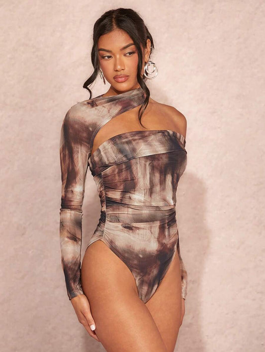 Women's Summer Tie Dye Printed Asymmetrical Collar Ruched Slim Fit Bodysuit