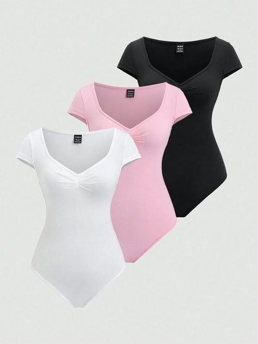 Sweetra Solid Color Fashion Bodysuit Set, Suitable For Summer