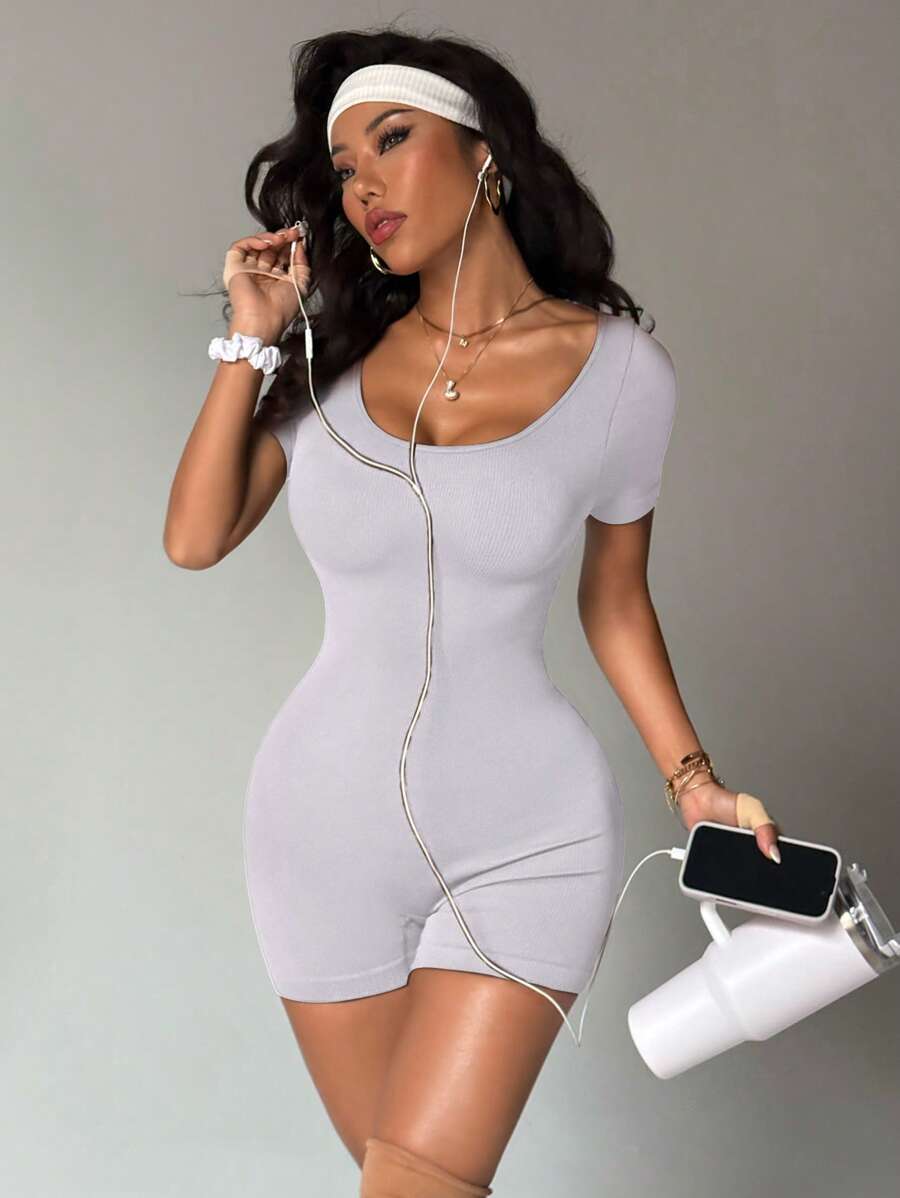 Women's Backless Short Sleeve Jumpsuit, Sexy Open Back Seamless Knitted Romper