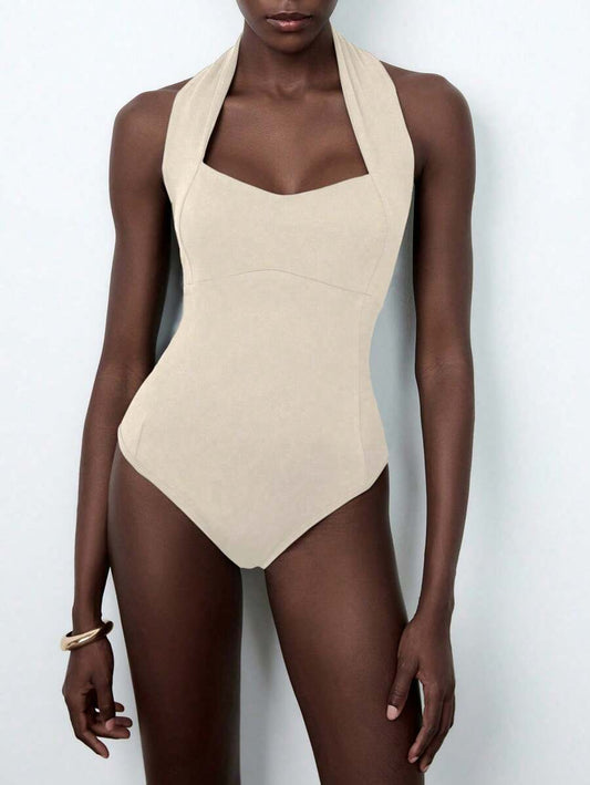 Women's Solid Color Elastic Halter Backless Bodysuit, Slimming And Minimalist Design