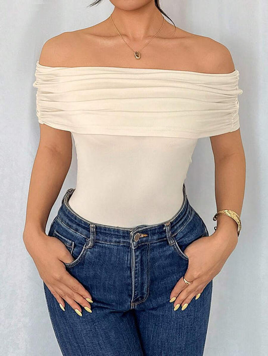 Women's Elegant Off Shoulder Ruched Hem Bodysuit, Slim Fit, Summer