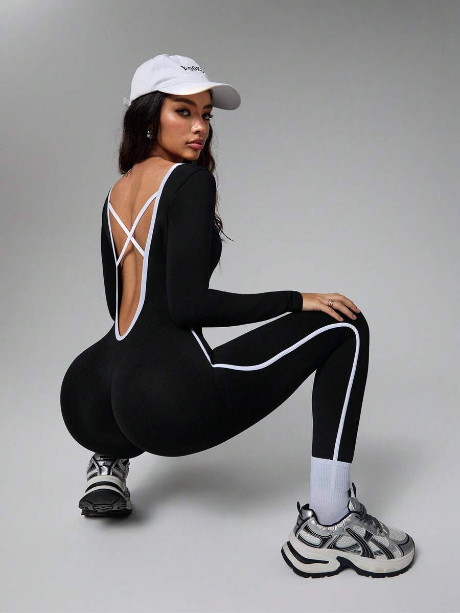 Women's Criss-Cross Back Seamless Jumpsuit For Daily Fitness & Workout